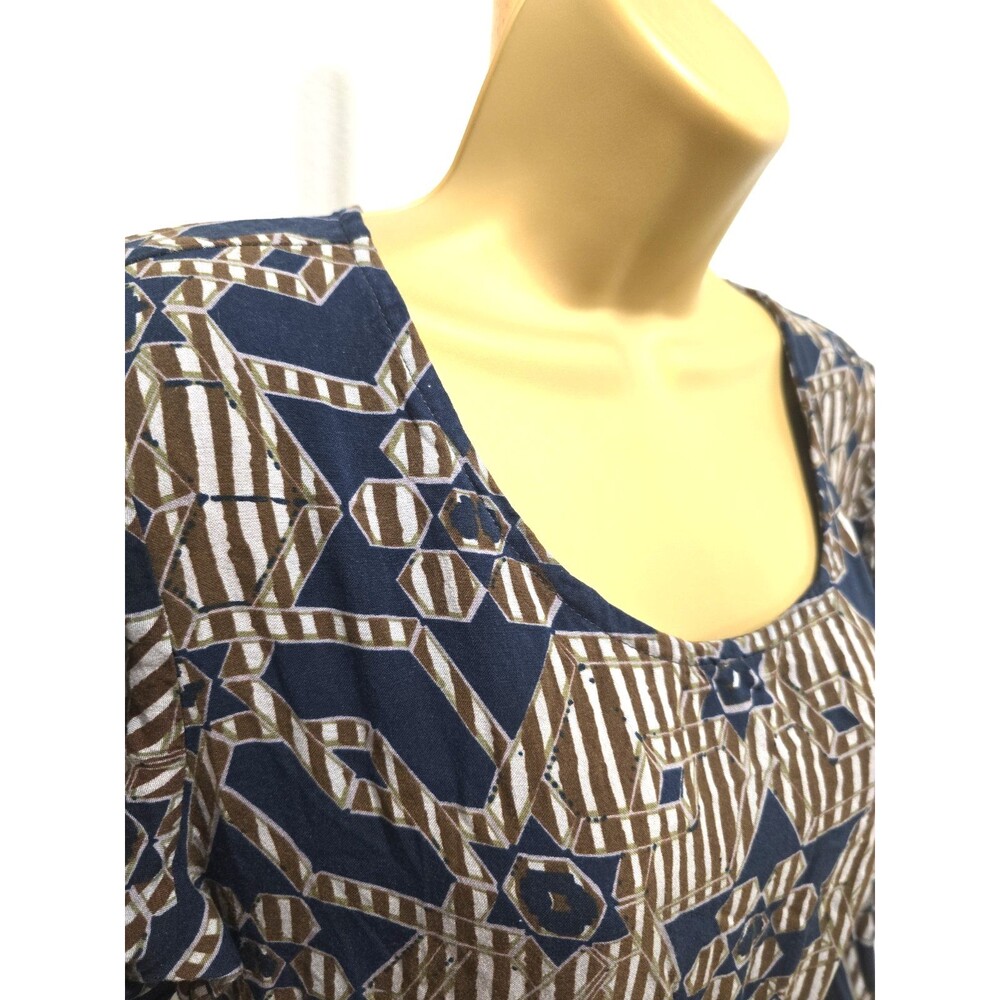 Blue Tan Geometric Fit and Flare Dress Large Midi Modest Lightweight Indie Boho